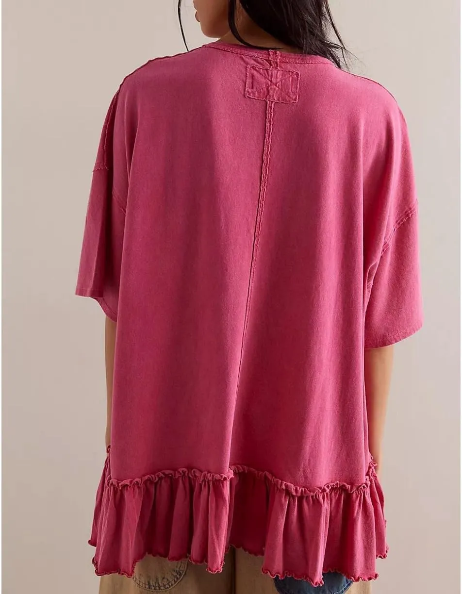 Womens Oversized Tee Shirt Casual Short Sleeve Ruffle Hem Shirts Loose Crew Neck Summer Tops