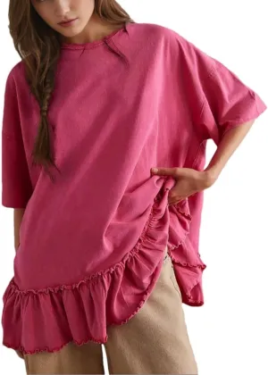 Womens Oversized Tee Shirt Casual Short Sleeve Ruffle Hem Shirts Loose Crew Neck Summer Tops