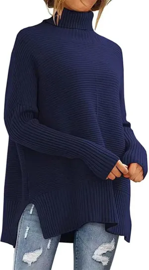 Women's Oversized Turtleneck Long Sleeve Casual Pullover Knit Tunic Sweater Ribbed Knit Side Split Sweaters Tops