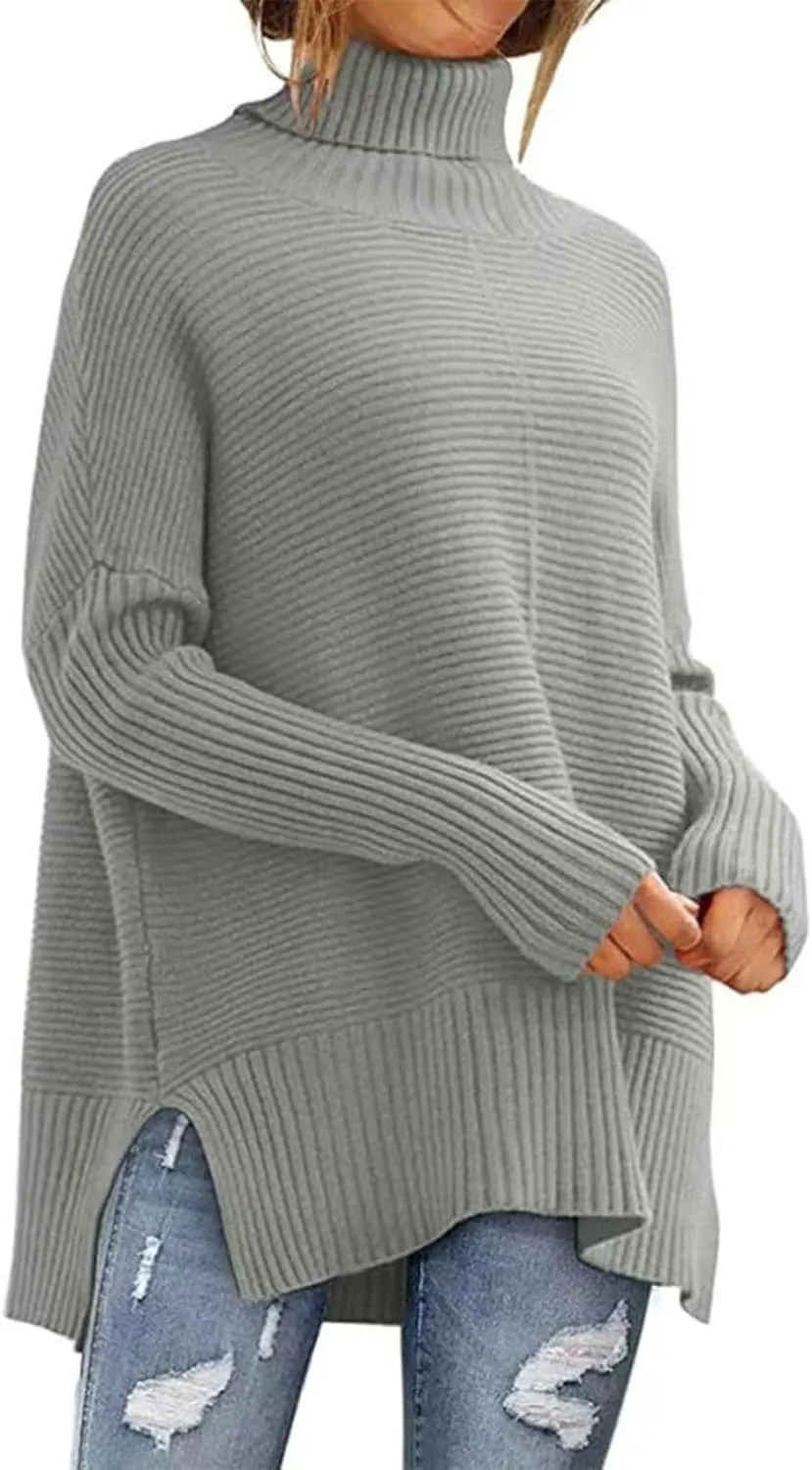 Women's Oversized Turtleneck Long Sleeve Casual Pullover Knit Tunic Sweater Ribbed Knit Side Split Sweaters Tops