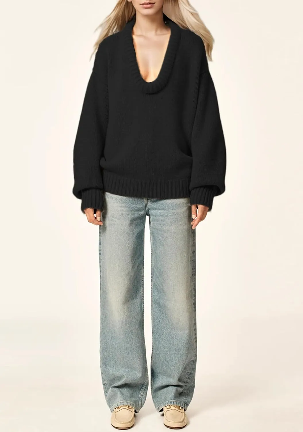 Women's Oversized U Neck Pullover Sweater Long Sleeve Knitted Sweater Chunky Trendy Fall Winter Sweater Tops