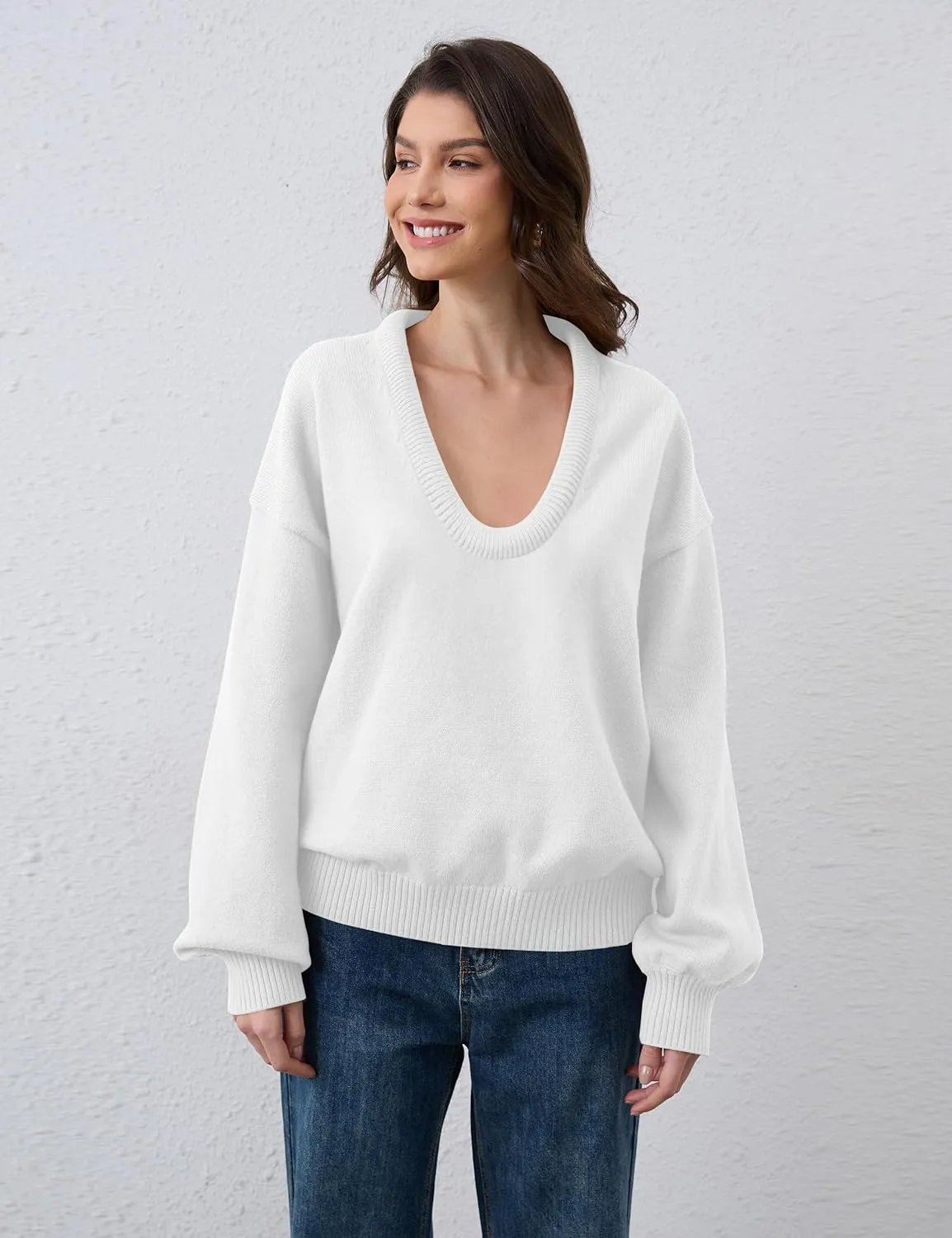 Women's Oversized U Neck Pullover Sweater Long Sleeve Knitted Sweater Chunky Trendy Fall Winter Sweater Tops