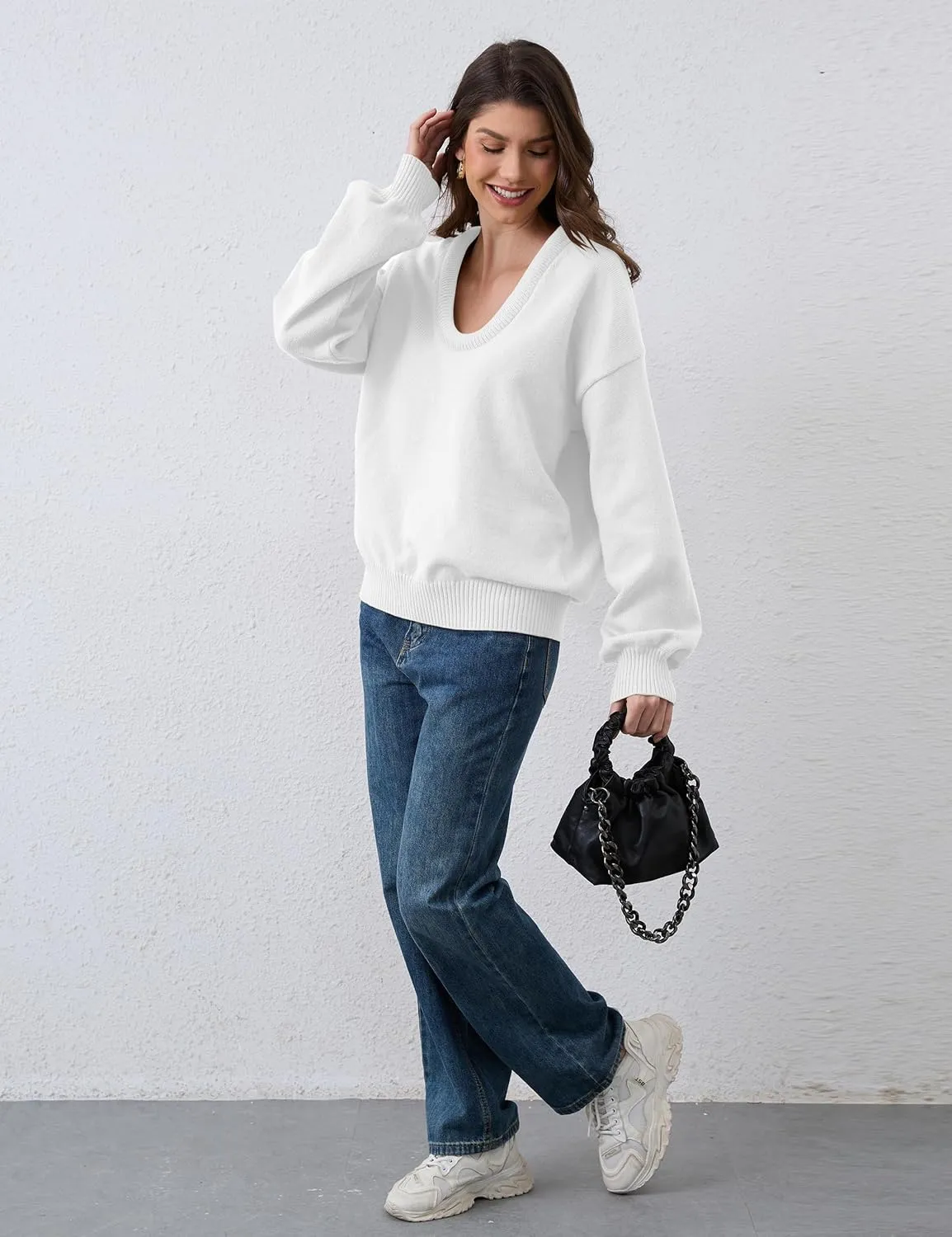 Women's Oversized U Neck Pullover Sweater Long Sleeve Knitted Sweater Chunky Trendy Fall Winter Sweater Tops