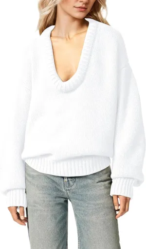 Women's Oversized U Neck Pullover Sweater Long Sleeve Knitted Sweater Chunky Trendy Fall Winter Sweater Tops