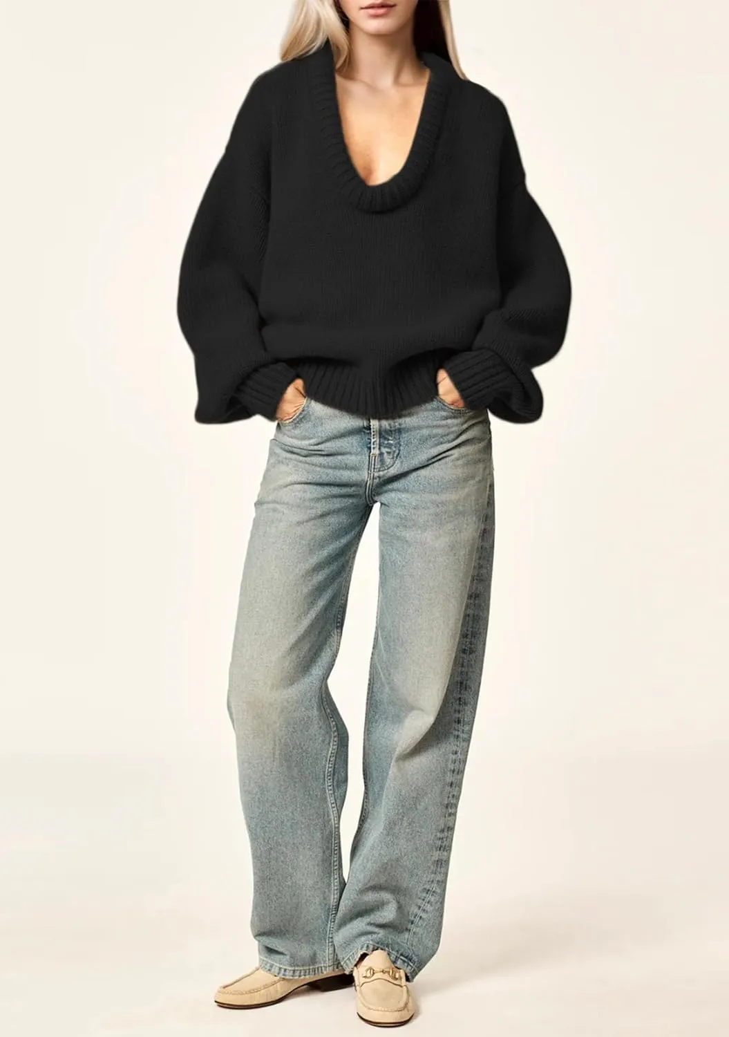 Women's Oversized U Neck Pullover Sweater Long Sleeve Knitted Sweater Chunky Trendy Fall Winter Sweater Tops