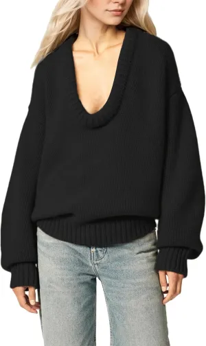 Women's Oversized U Neck Pullover Sweater Long Sleeve Knitted Sweater Chunky Trendy Fall Winter Sweater Tops