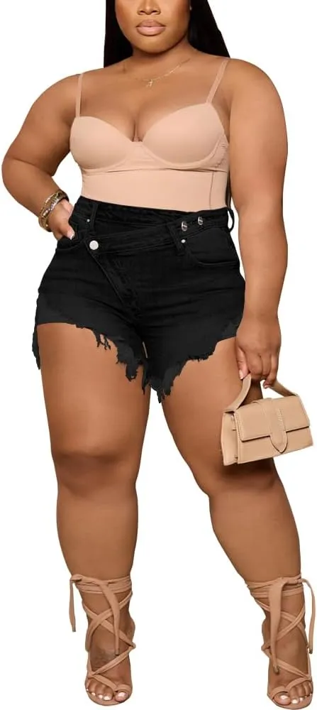 Women's Plus Size High Waisted Crossover Jean Shorts Ripped Raw Hem Summer Hot Denim Shorts