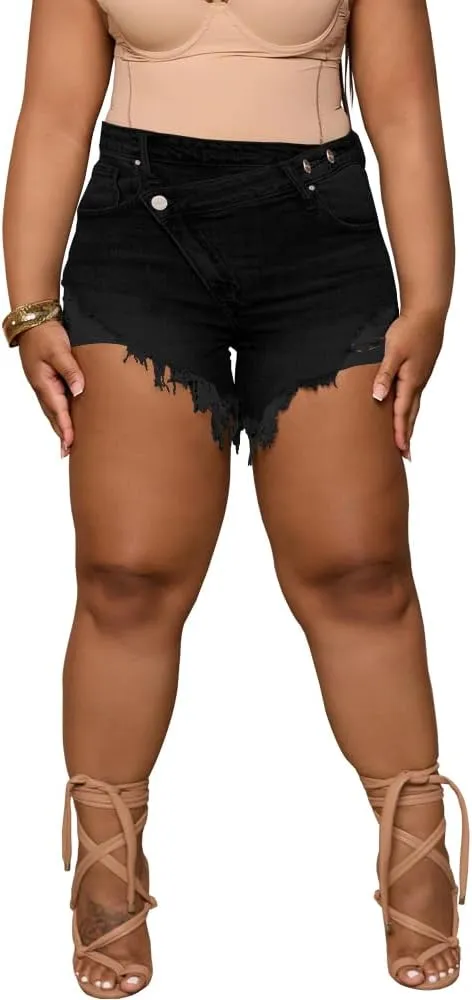 Women's Plus Size High Waisted Crossover Jean Shorts Ripped Raw Hem Summer Hot Denim Shorts