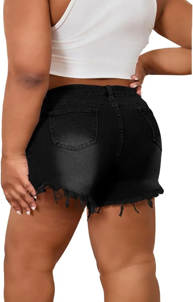 Women's Plus Size High Waisted Crossover Jean Shorts Ripped Raw Hem Summer Hot Denim Shorts