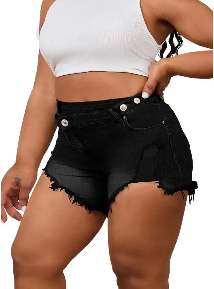 Women's Plus Size High Waisted Crossover Jean Shorts Ripped Raw Hem Summer Hot Denim Shorts
