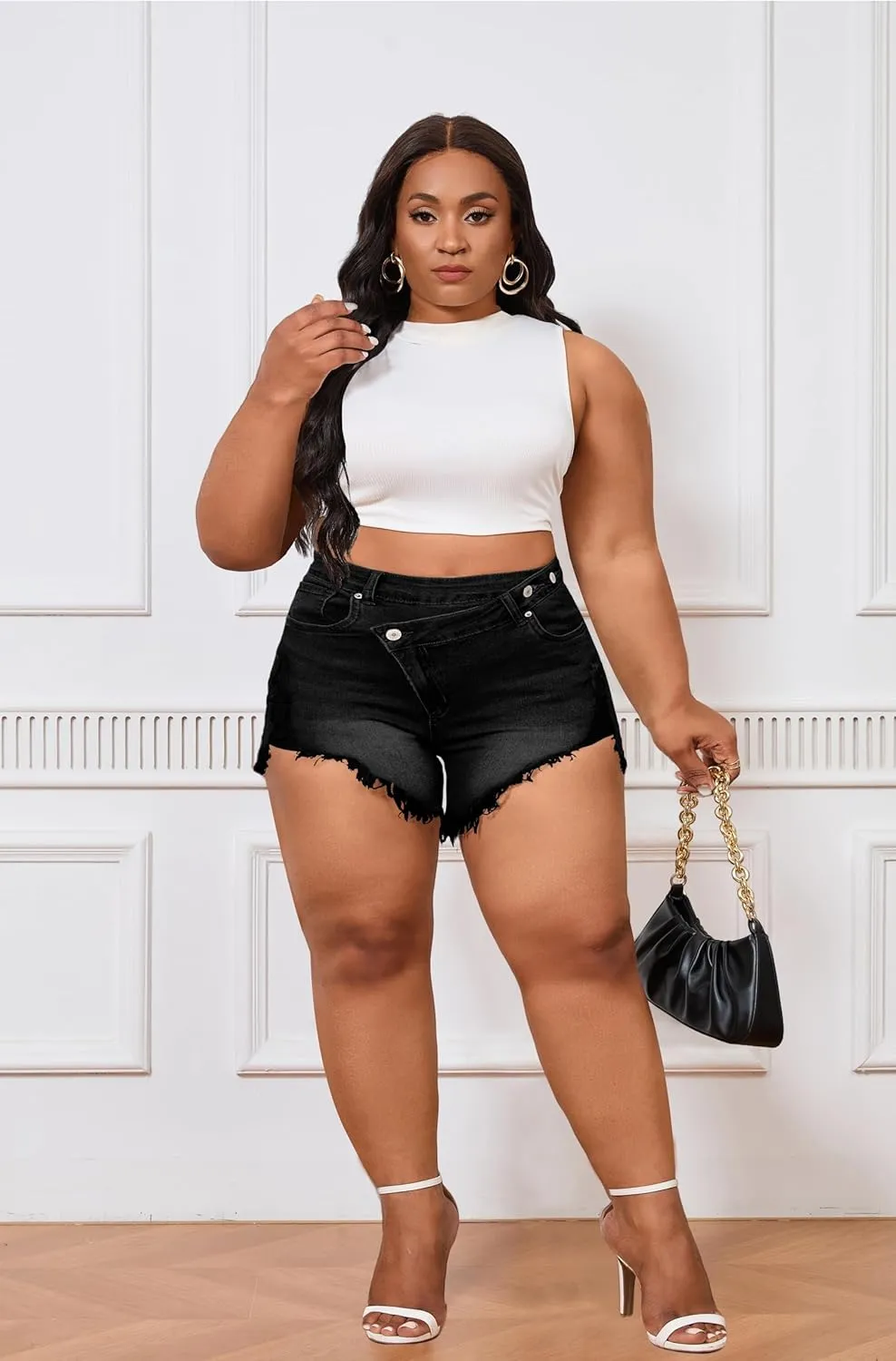 Women's Plus Size High Waisted Crossover Jean Shorts Ripped Raw Hem Summer Hot Denim Shorts