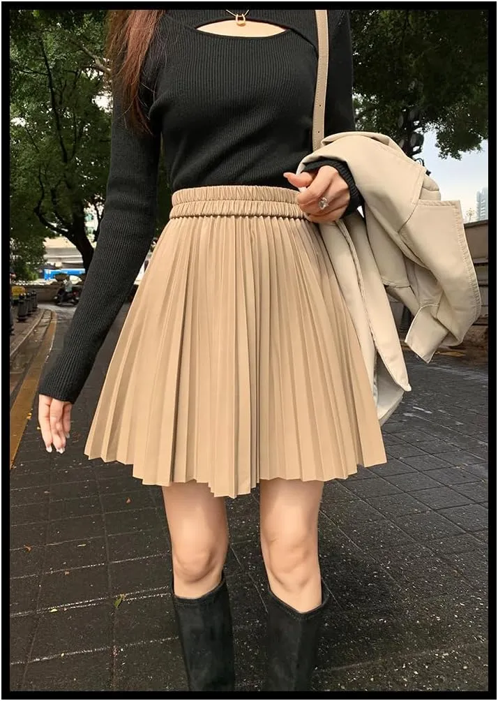 Women's PU Leather High Waist Pleated Short Skirt A-line Flare Skater Mini Skirt