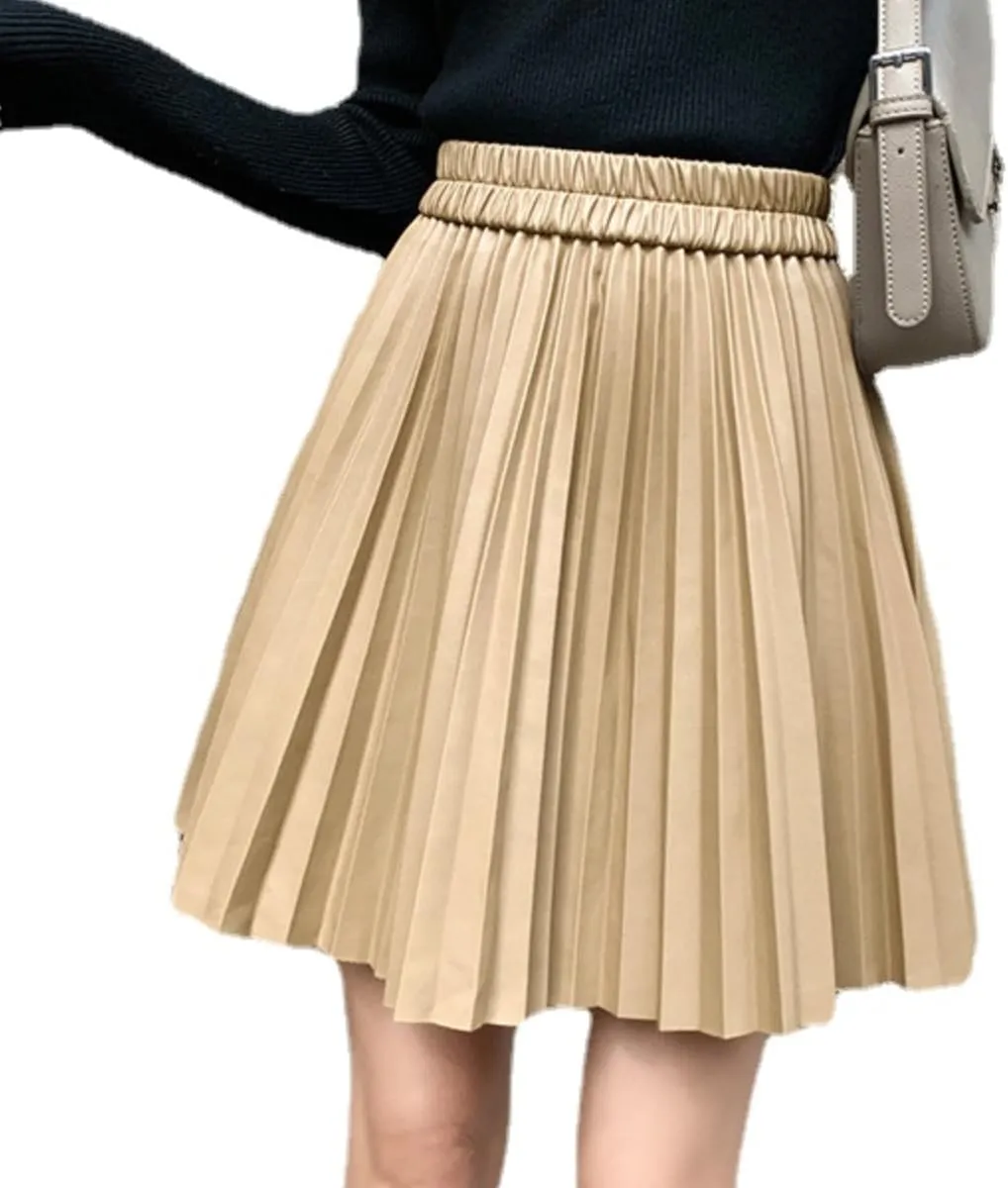 Women's PU Leather High Waist Pleated Short Skirt A-line Flare Skater Mini Skirt