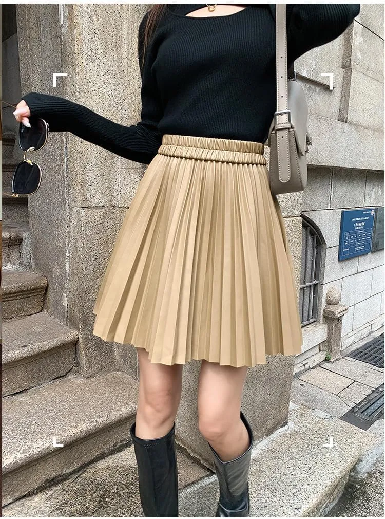 Women's PU Leather High Waist Pleated Short Skirt A-line Flare Skater Mini Skirt