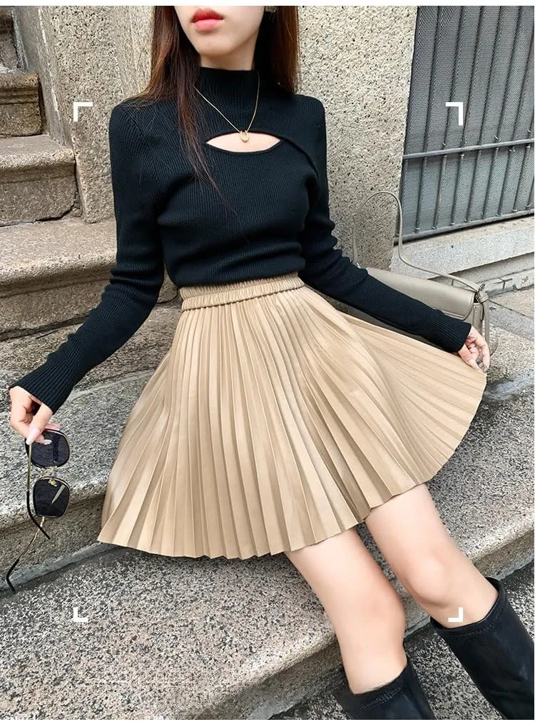 Women's PU Leather High Waist Pleated Short Skirt A-line Flare Skater Mini Skirt