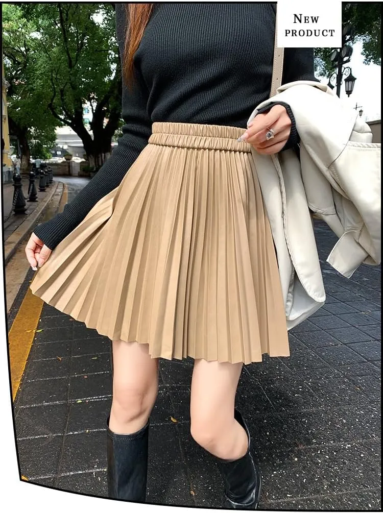 Women's PU Leather High Waist Pleated Short Skirt A-line Flare Skater Mini Skirt