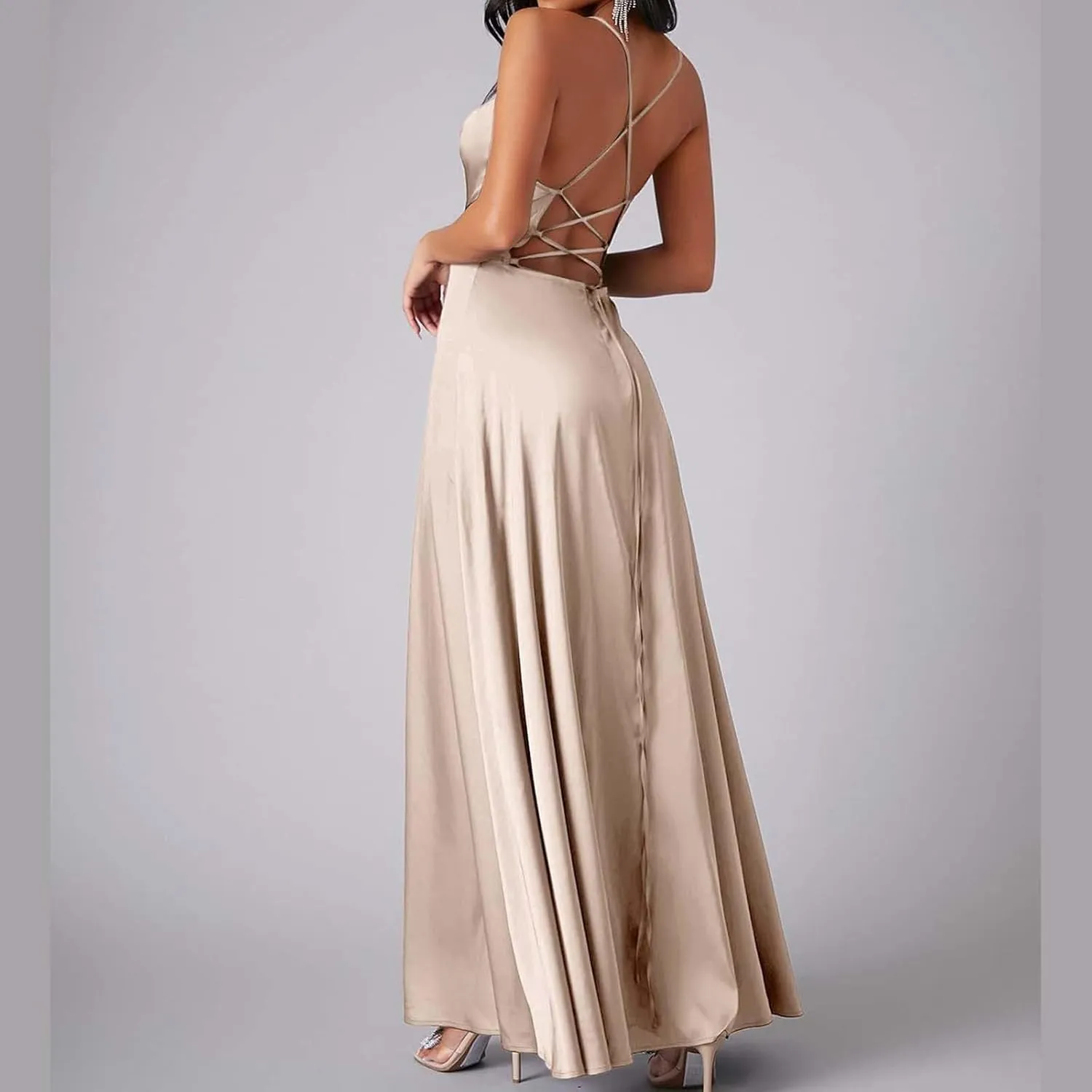 Women's Sexy Spaghetti Strap Dresses Prom Party Backless Sleeveless High Slit Maxi Dress Bodycon Cocktail Evening Gown Dress