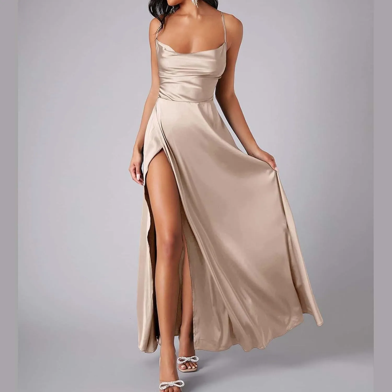 Women's Sexy Spaghetti Strap Dresses Prom Party Backless Sleeveless High Slit Maxi Dress Bodycon Cocktail Evening Gown Dress