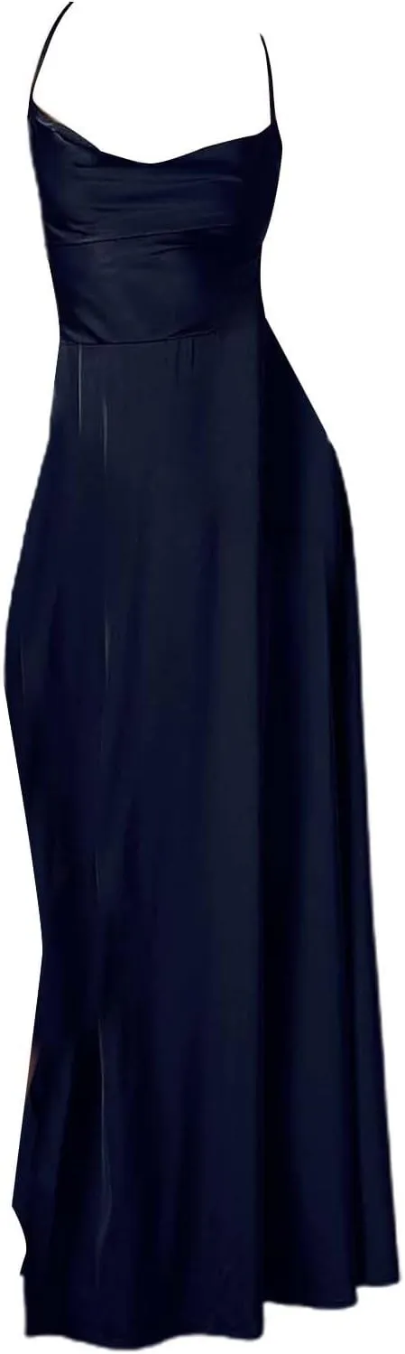 Women's Sexy Spaghetti Strap Dresses Prom Party Backless Sleeveless High Slit Maxi Dress Bodycon Cocktail Evening Gown Dress