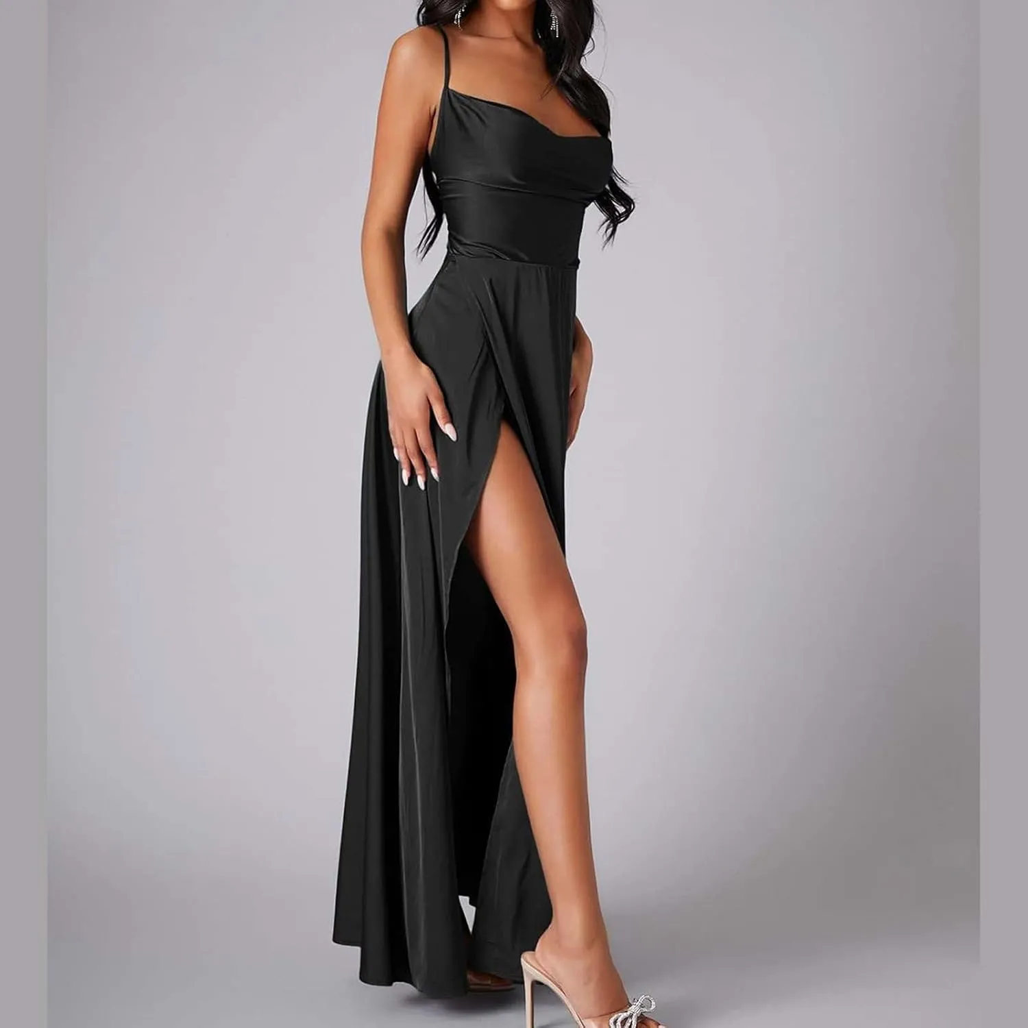 Women's Sexy Spaghetti Strap Dresses Prom Party Backless Sleeveless High Slit Maxi Dress Bodycon Cocktail Evening Gown Dress