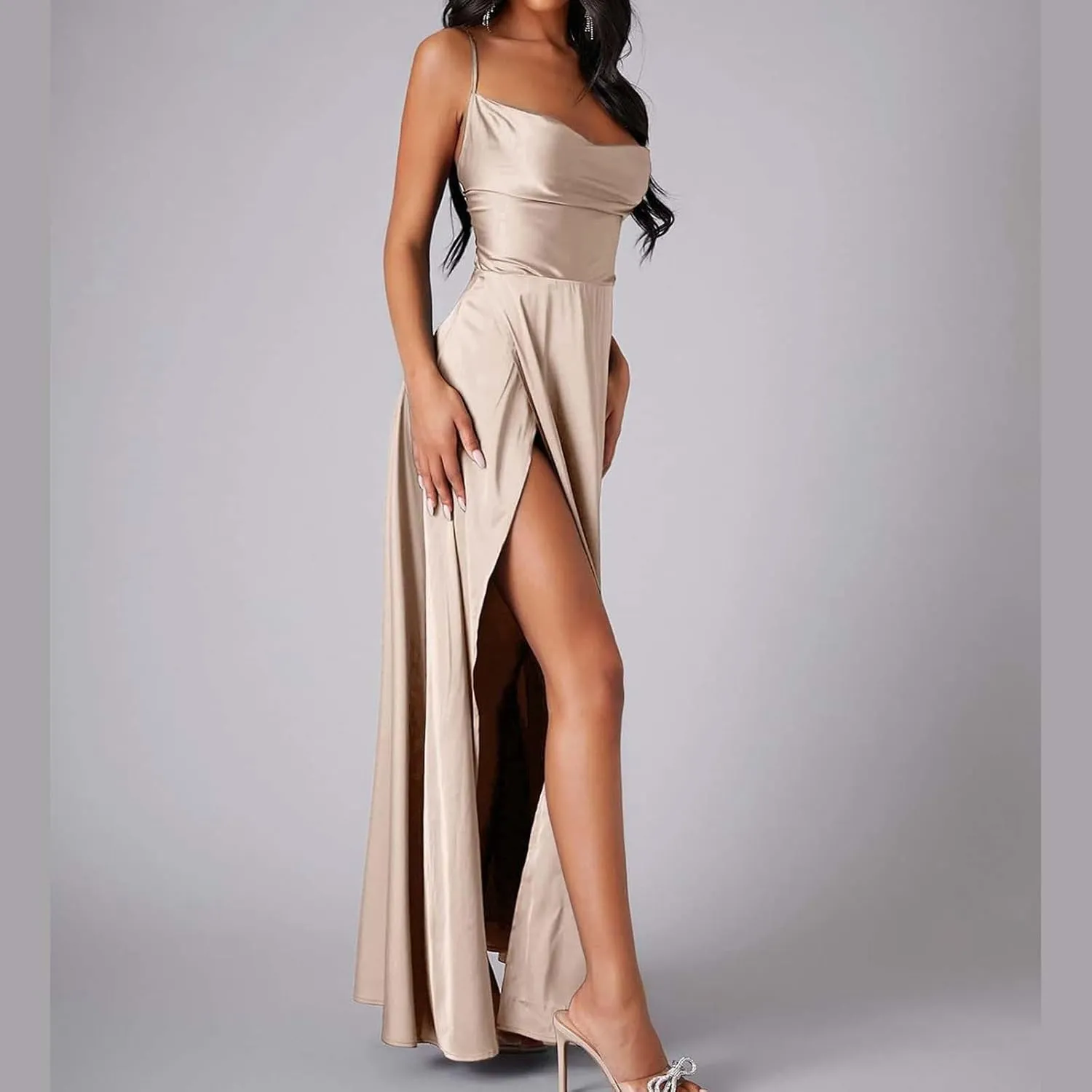 Women's Sexy Spaghetti Strap Dresses Prom Party Backless Sleeveless High Slit Maxi Dress Bodycon Cocktail Evening Gown Dress