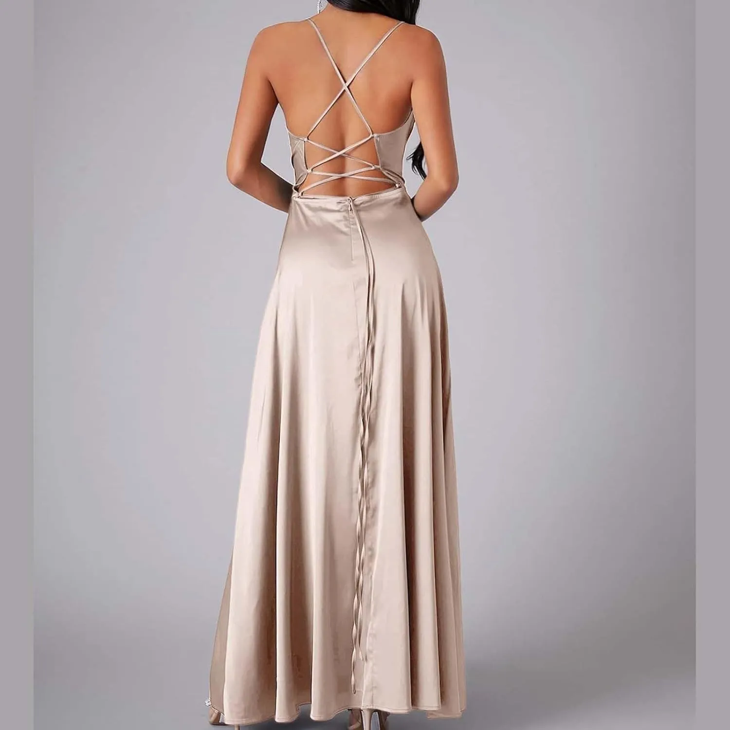 Women's Sexy Spaghetti Strap Dresses Prom Party Backless Sleeveless High Slit Maxi Dress Bodycon Cocktail Evening Gown Dress