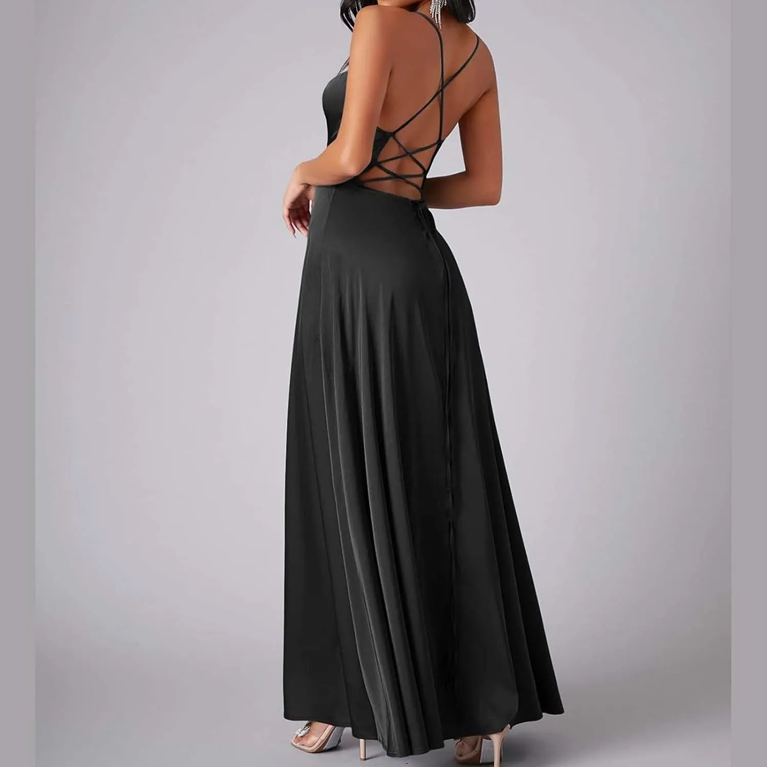 Women's Sexy Spaghetti Strap Dresses Prom Party Backless Sleeveless High Slit Maxi Dress Bodycon Cocktail Evening Gown Dress