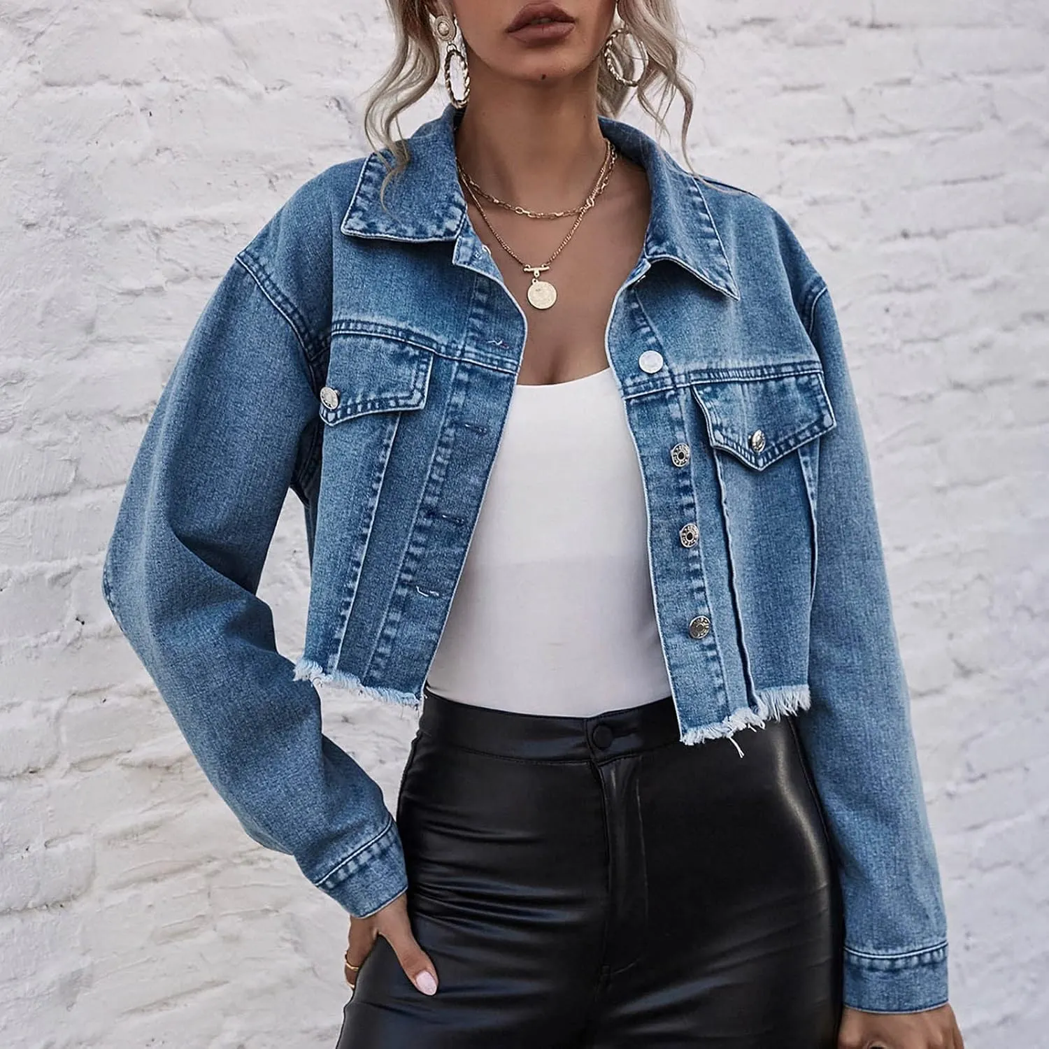 Women's Short Jean Jackets Long Sleeve Button Down Cropped Frayed Denim Jacket Coat Fall Casual Cute Trucker Jacket