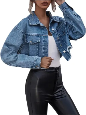 Women's Short Jean Jackets Long Sleeve Button Down Cropped Frayed Denim Jacket Coat Fall Casual Cute Trucker Jacket