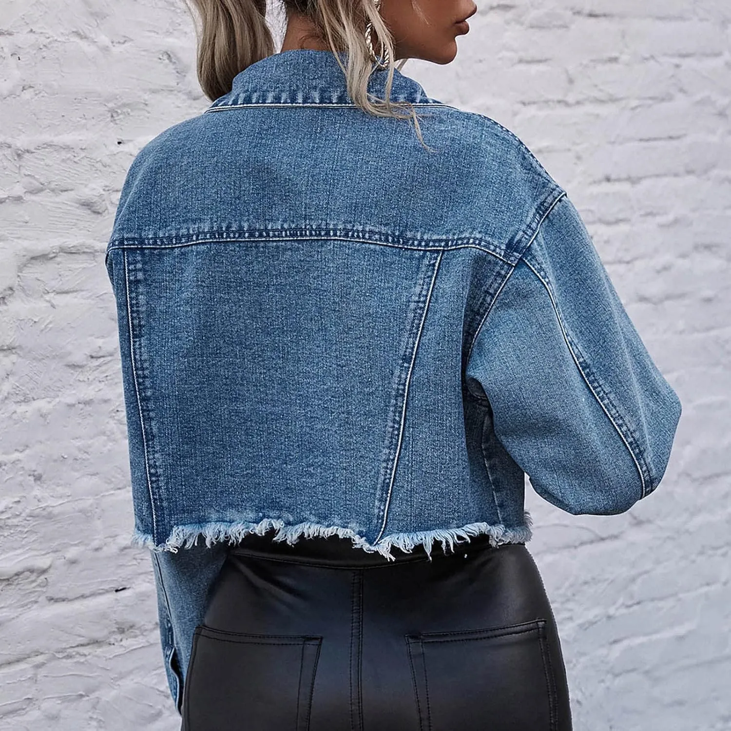Women's Short Jean Jackets Long Sleeve Button Down Cropped Frayed Denim Jacket Coat Fall Casual Cute Trucker Jacket
