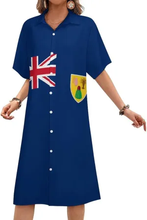 Women's Short Sleeve Collared Simple Button Down Shirt Dress 2025 Summer British Flag Long Dresses