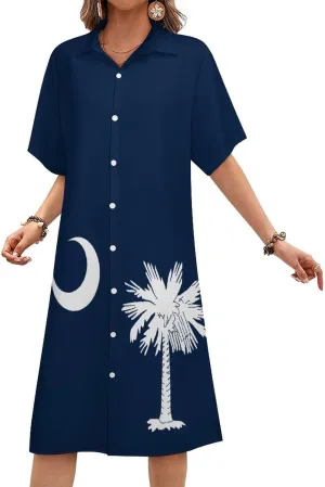Women's Short Sleeve Collared Simple Button Down Shirt Dress 2025 Summer Ukraine Flag Long Dresses