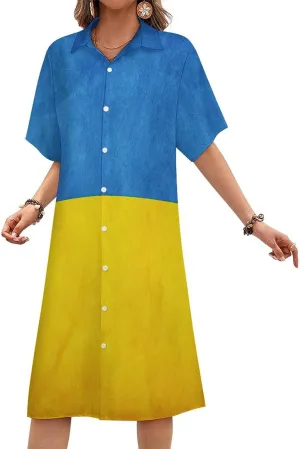 Women's Short Sleeve Collared Simple Button Down Shirt Dress 2025 Summer Ukraine Flag Long Dresses