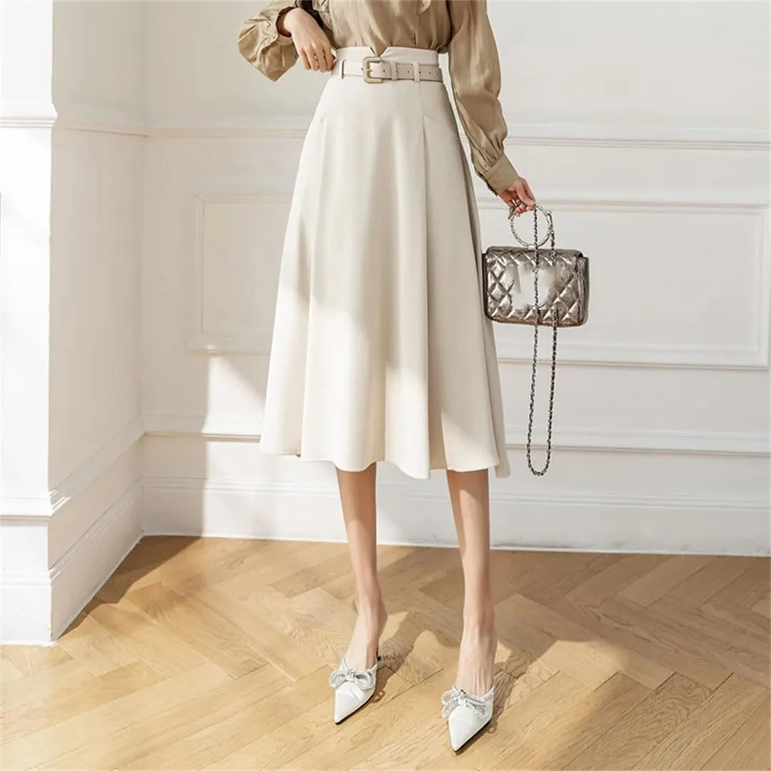 Women's Solid Color A-Line Skirts High Waist Casual Mid Length Patchwork Office Lady Skirts
