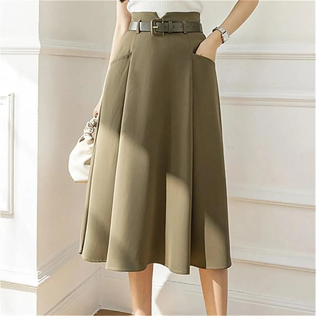 Women's Solid Color A-Line Skirts High Waist Casual Mid Length Patchwork Office Lady Skirts