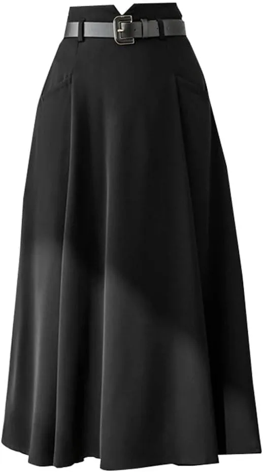 Women's Solid Color A-Line Skirts High Waist Casual Mid Length Patchwork Office Lady Skirts