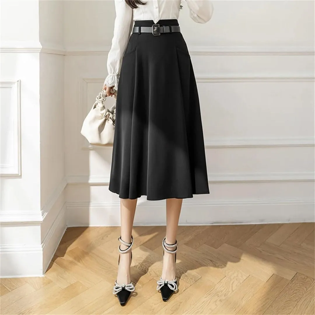 Women's Solid Color A-Line Skirts High Waist Casual Mid Length Patchwork Office Lady Skirts
