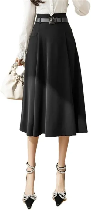 Women's Solid Color A-Line Skirts High Waist Casual Mid Length Patchwork Office Lady Skirts