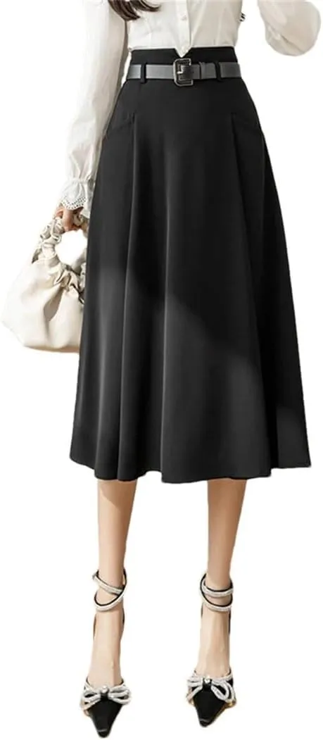 Women's Solid Color A-Line Skirts High Waist Casual Mid Length Patchwork Office Lady Skirts