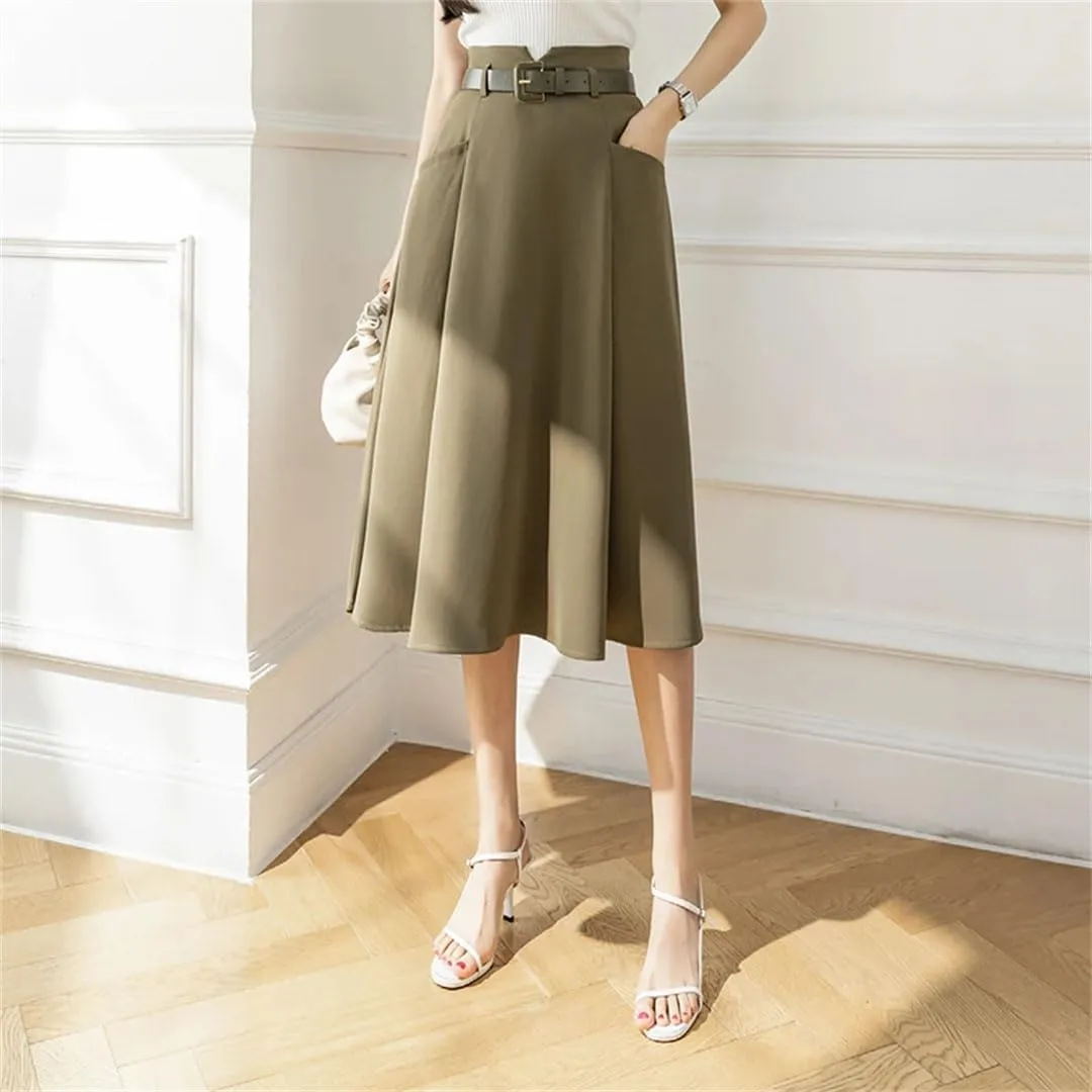 Women's Solid Color A-Line Skirts High Waist Casual Mid Length Patchwork Office Lady Skirts