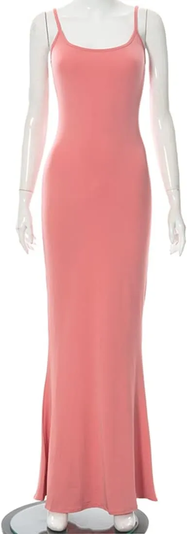Womens Spaghetti Strap Bodycon Backless Maxi Dress