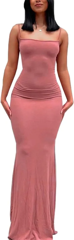 Womens Spaghetti Strap Bodycon Backless Maxi Dress