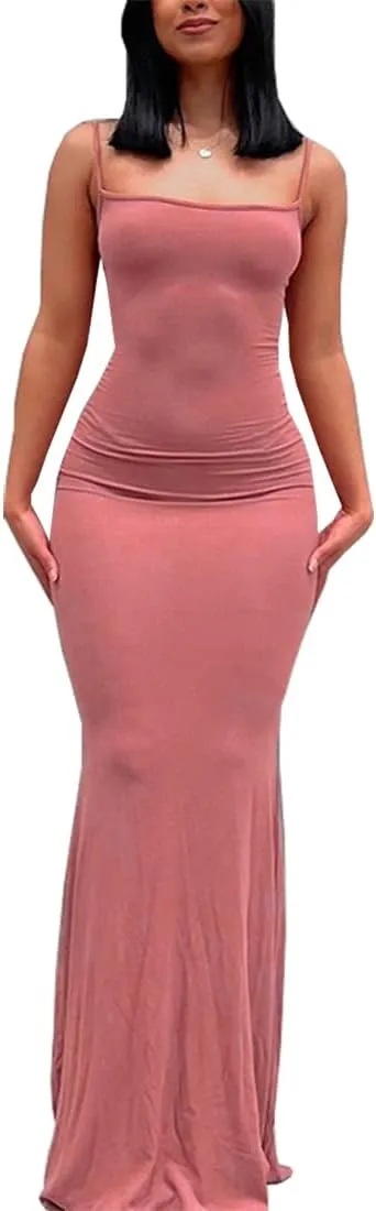Womens Spaghetti Strap Bodycon Backless Maxi Dress