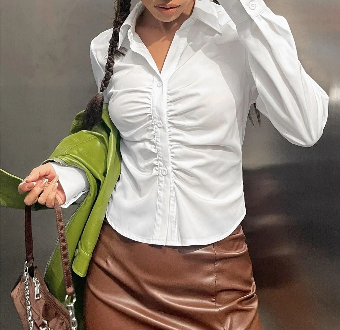 Women's Spring Solid Ruched Curved Hem White Shirt Top Long Sleeve Button Front T Shirt Blouse for Women