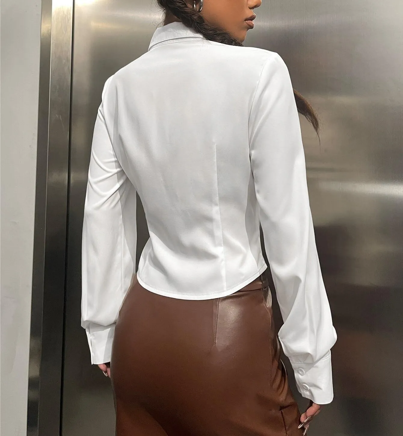 Women's Spring Solid Ruched Curved Hem White Shirt Top Long Sleeve Button Front T Shirt Blouse for Women