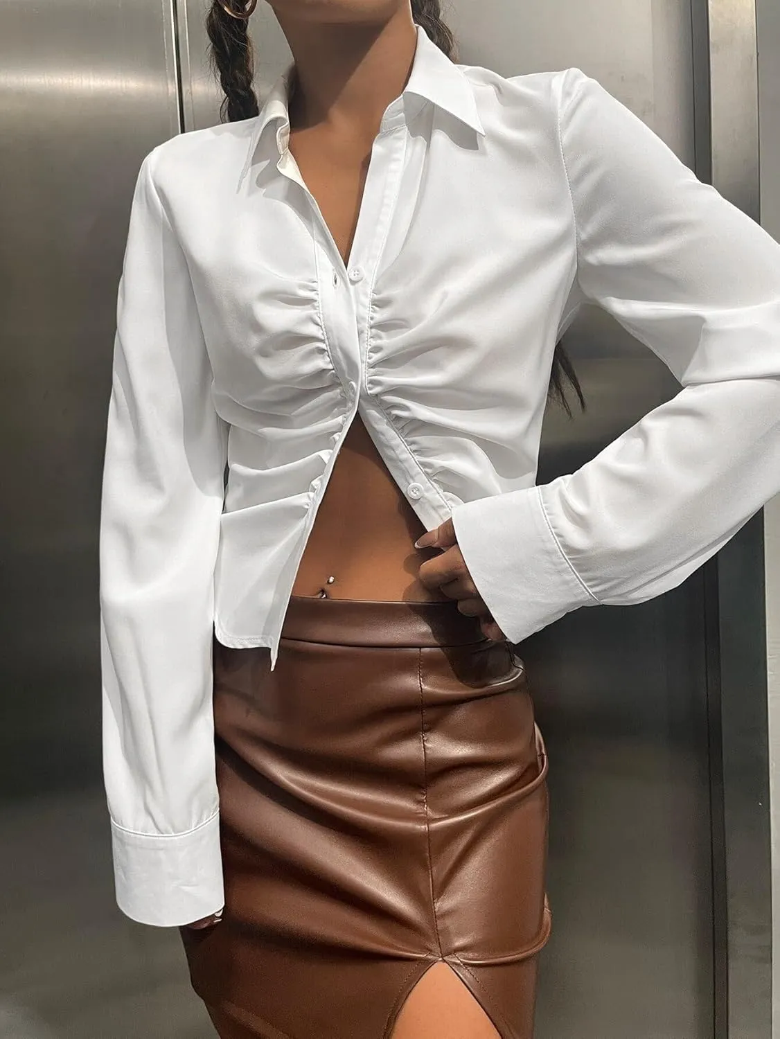 Women's Spring Solid Ruched Curved Hem White Shirt Top Long Sleeve Button Front T Shirt Blouse for Women
