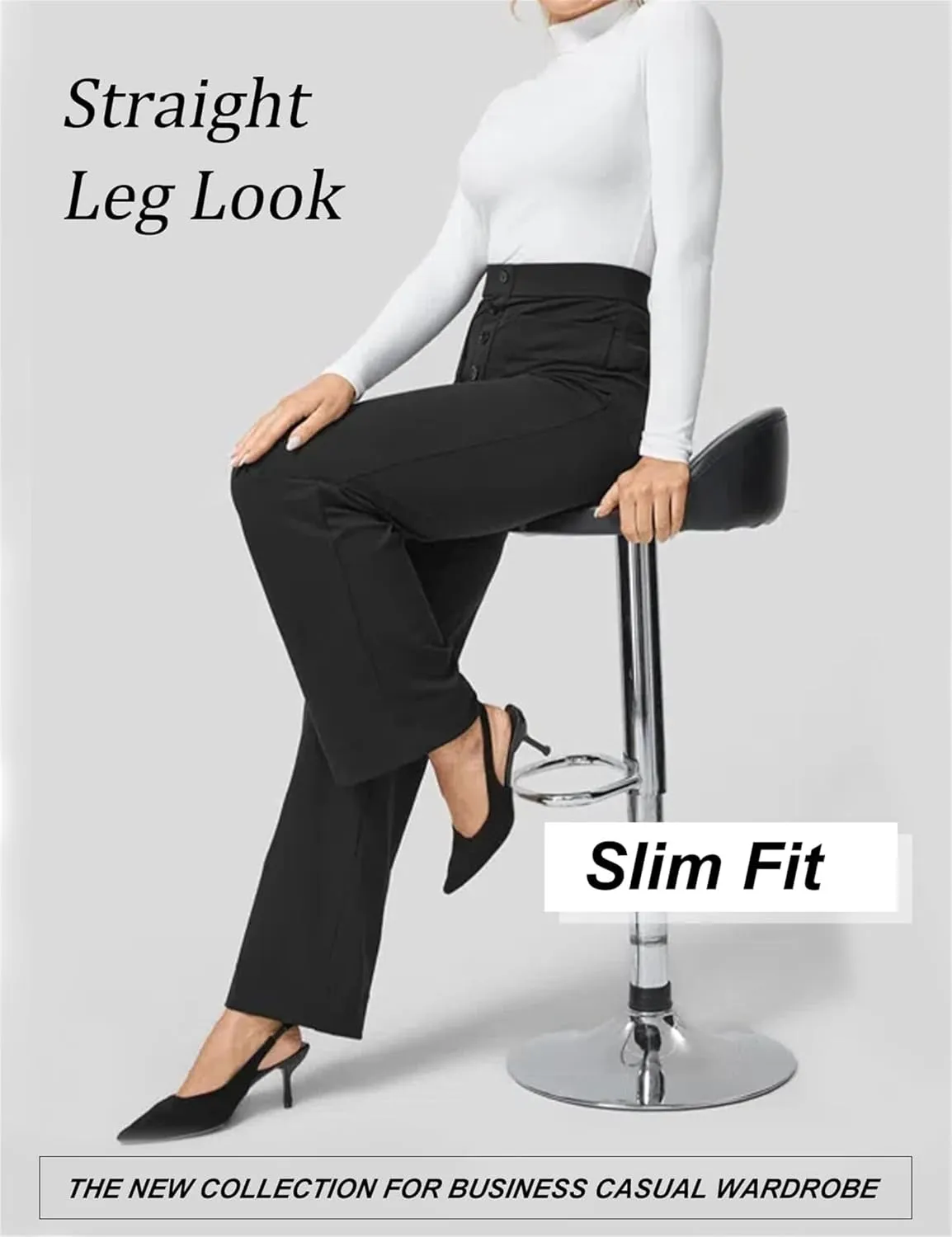 Women's Straight Leg Pants High Waisted Button Stretchy Business Work Casual Trousers with Pockets