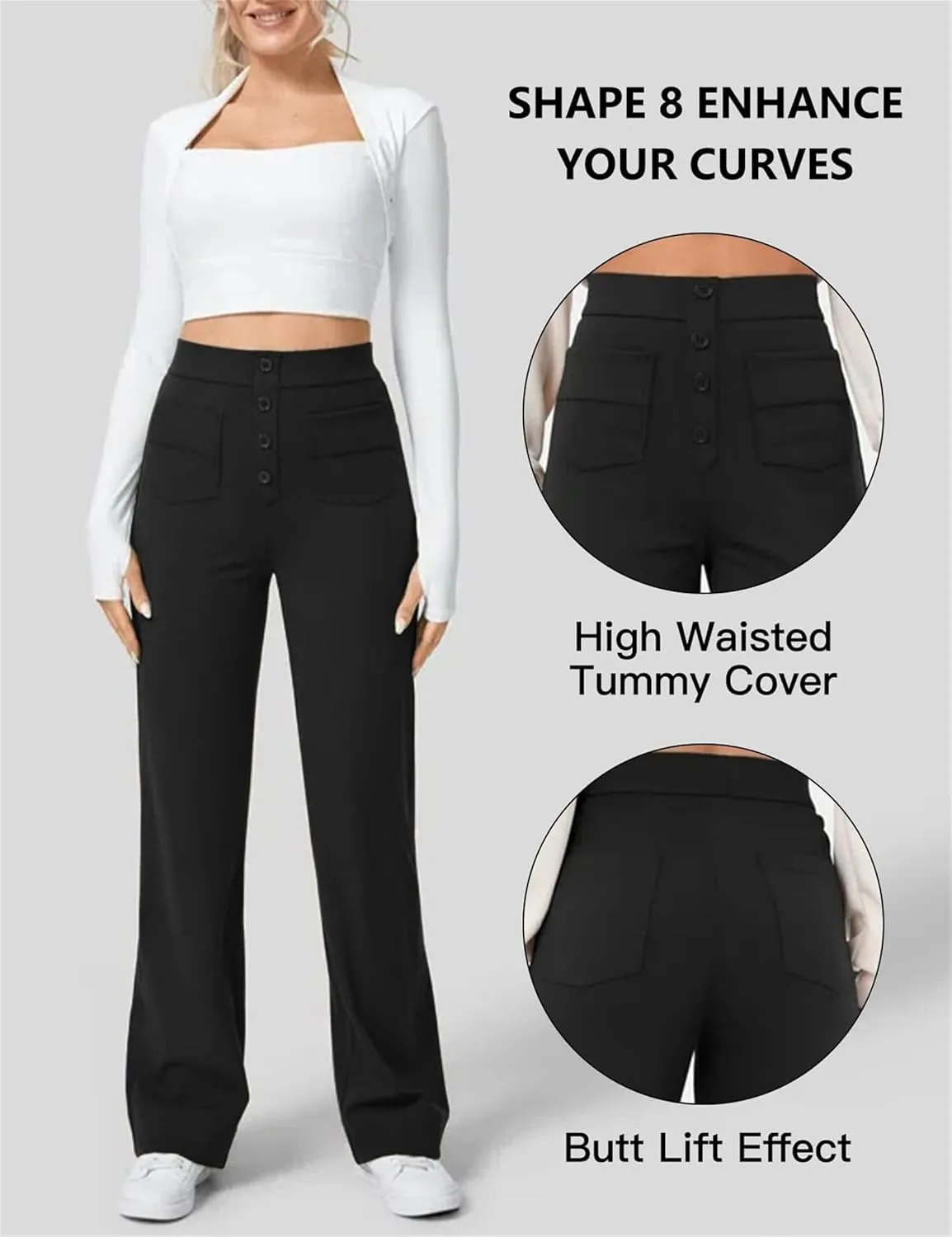 Women's Straight Leg Pants High Waisted Button Stretchy Business Work Casual Trousers with Pockets