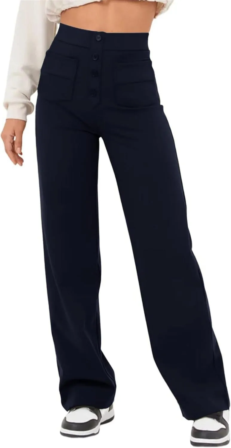 Women's Straight Leg Pants High Waisted Button Stretchy Business Work Casual Trousers with Pockets