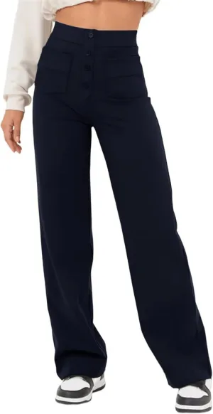 Women's Straight Leg Pants High Waisted Button Stretchy Business Work Casual Trousers with Pockets